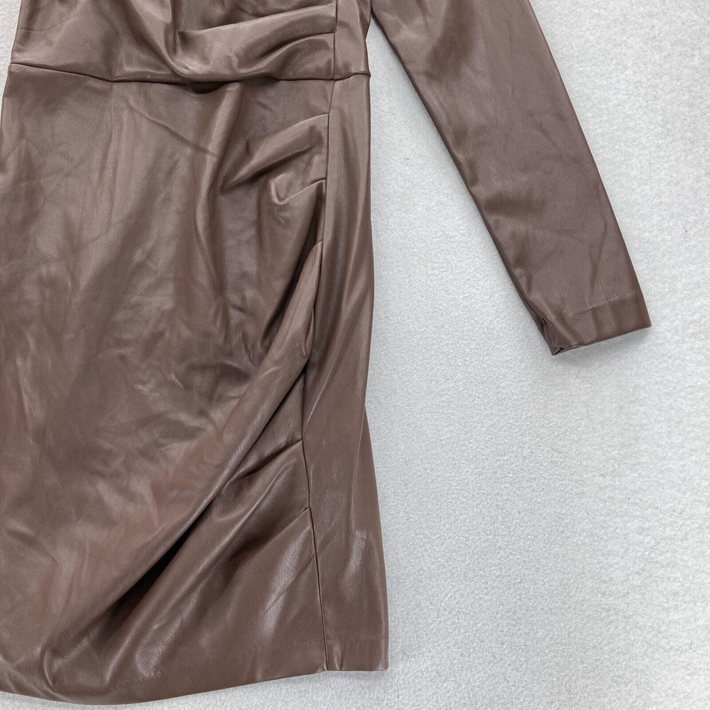 Express Brown Faux‎ Leather One Shoulder Bodycon Dress XS Long Sleeve Party NWT - Picture 3 of 14